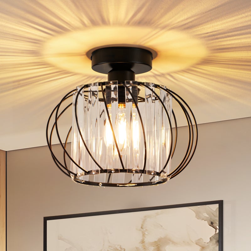 NETTLIFE Lampa sufitowa, nowoczesna, kryształowa, sufitowa: czarna lampa do przedpokoju, lampa kuchenna E27 w stylu vintage z metalową ramą wewnątrz