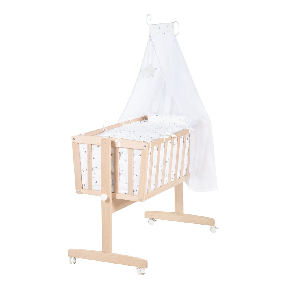 Kołyska z litego drewna bukowego na kółkach/z baldachimem 40x90 cm w naturalnym kolorze – Roba