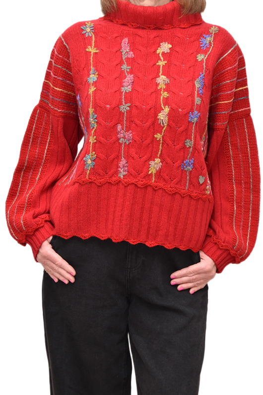 Czerwony sweter z golfem i haftami, rozmiar L/XL
