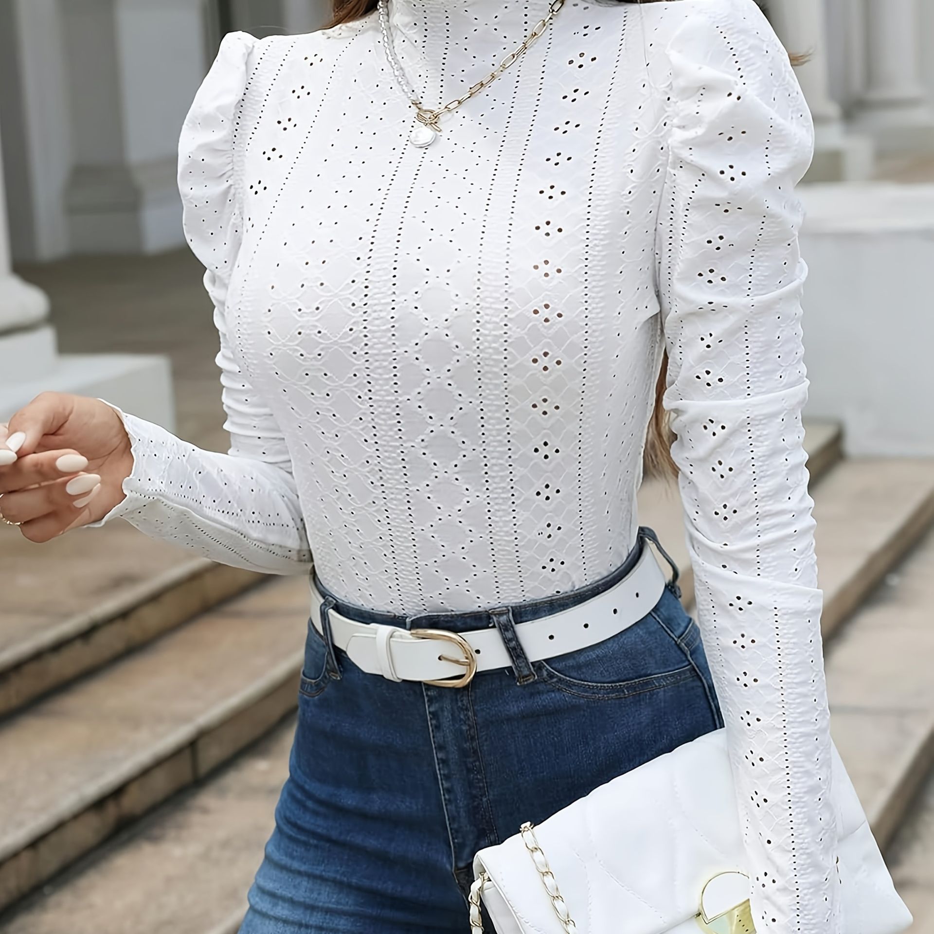 TEMU Elegancki bluzka z długim rękawem, stójką, falbankami i ażurowymi detalami Elegancki krój, całoroczne topy damskie