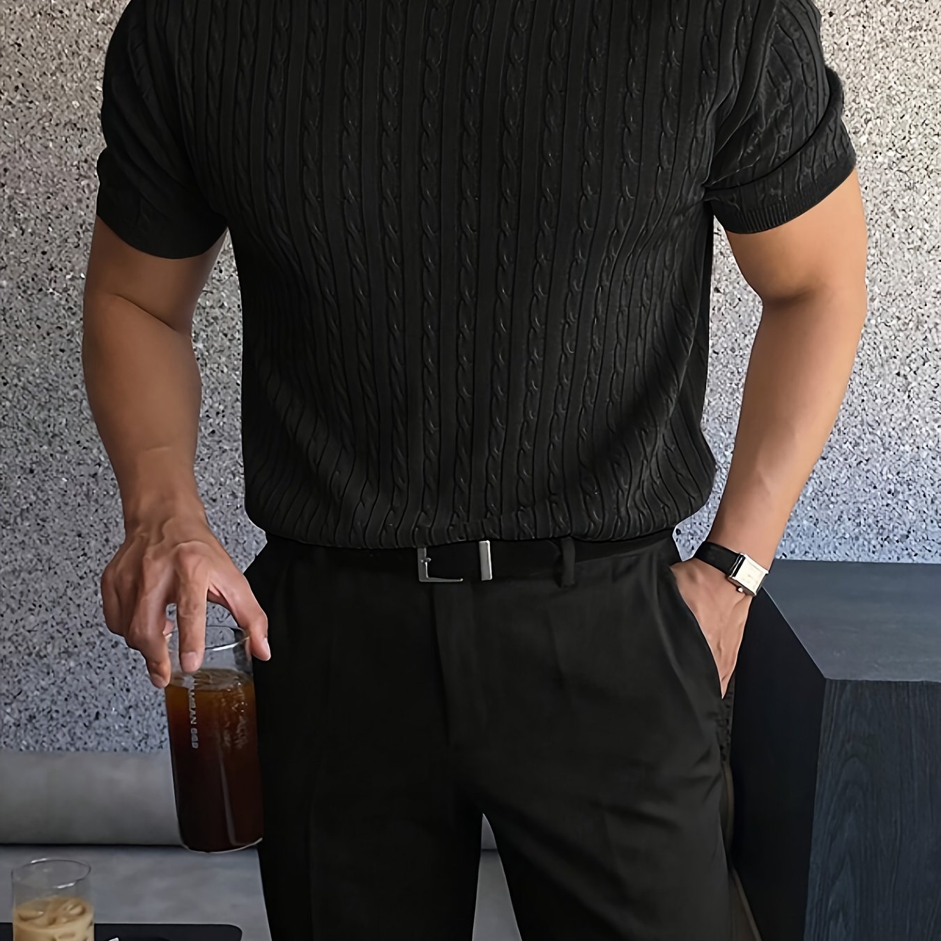 TEMU Męska koszulka z krótkim rękawem, dzianinowa, na wiosnę i , z okrągłym dekoltem i wzorem w kratę.