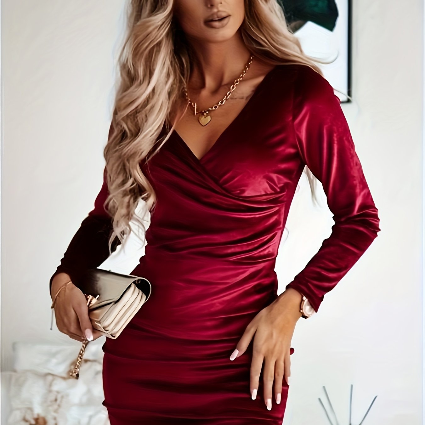 TEMU Sukienka Bodycon z Dekoltem w Serek - Krótka, Dopasowana, Długość do Kolan/Hipster, Długi Rękaw, Jednokolorowa, Pranie w Praniu Maszynowym,