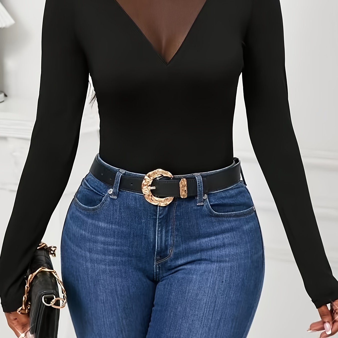 TEMU Elegancka Damska Koszulka z Długim Rękawem i Wstawami z Siatki - Wysokoelastyczny Okrągły Dekolt, Idealna na Warstwowe Stylizacje Jesień/,