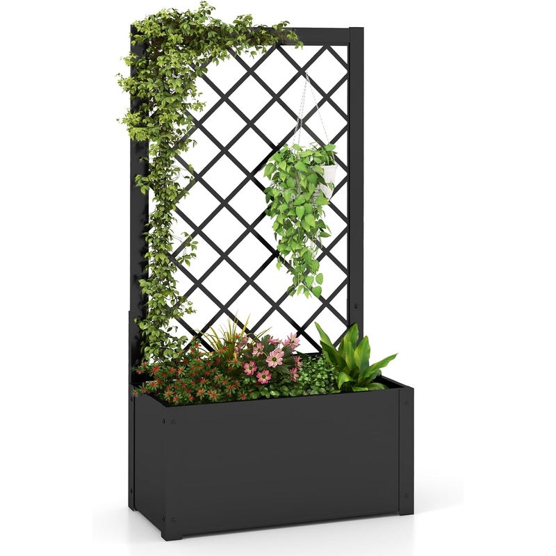 Donica z metalową kratką dla roślin pnących, podwyższona grządka ogrodowa odporna na warunki atmosferyczne, 63 x 31 x 112 cm, czarna