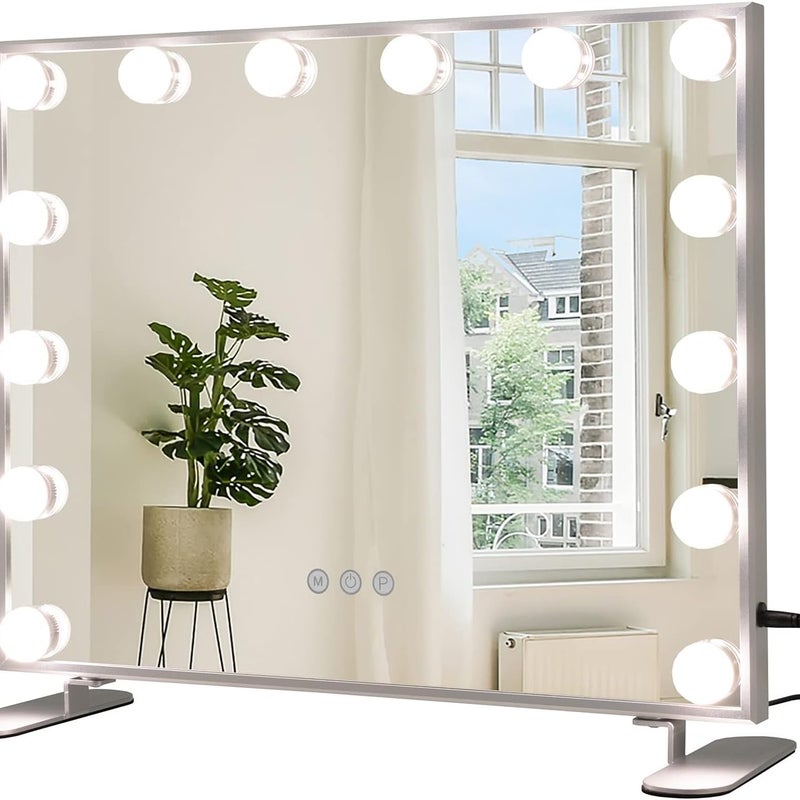 Lustro Hollywood z 14 przyciemnianymi diodami LED, 3 barwy światła, lustro stołowe i ścienne z metalowym stojakiem, z funkcją Smart Touch, 50x18x43cm