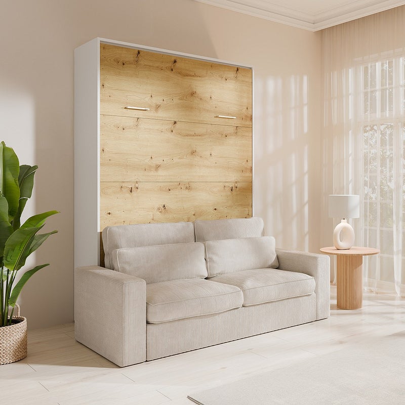 Łóżko chowane w ścianie w ścianie 140 x 200 cm - Otwieranie pionowe ręczne - Kolor: Naturalny i biały + Kanapa - BEGANIO