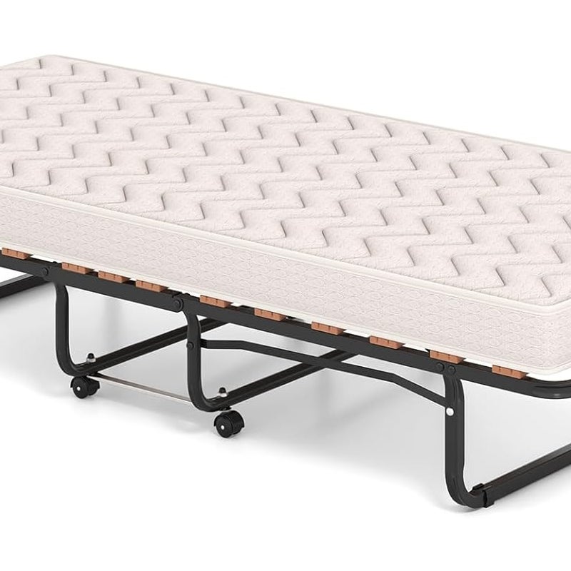 Składane łóżko dla jednej osoby 80 x 200 cm z materacem ortopedycznym z pianki memory 10 cm, nośność 120 kg, łóżko dodatkowe na 4 kółkach, beżowy