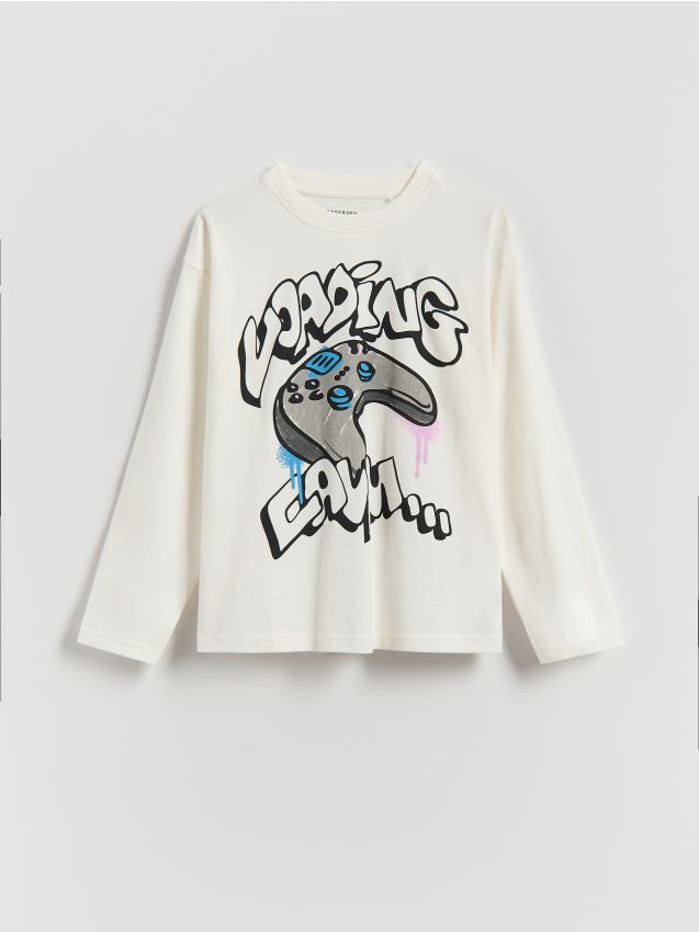 Reserved - Longsleeve z nadrukiem - złamana biel