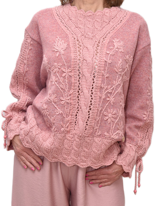 Sweter różowy z warkoczami i haftami, rozmiar XL/XXL