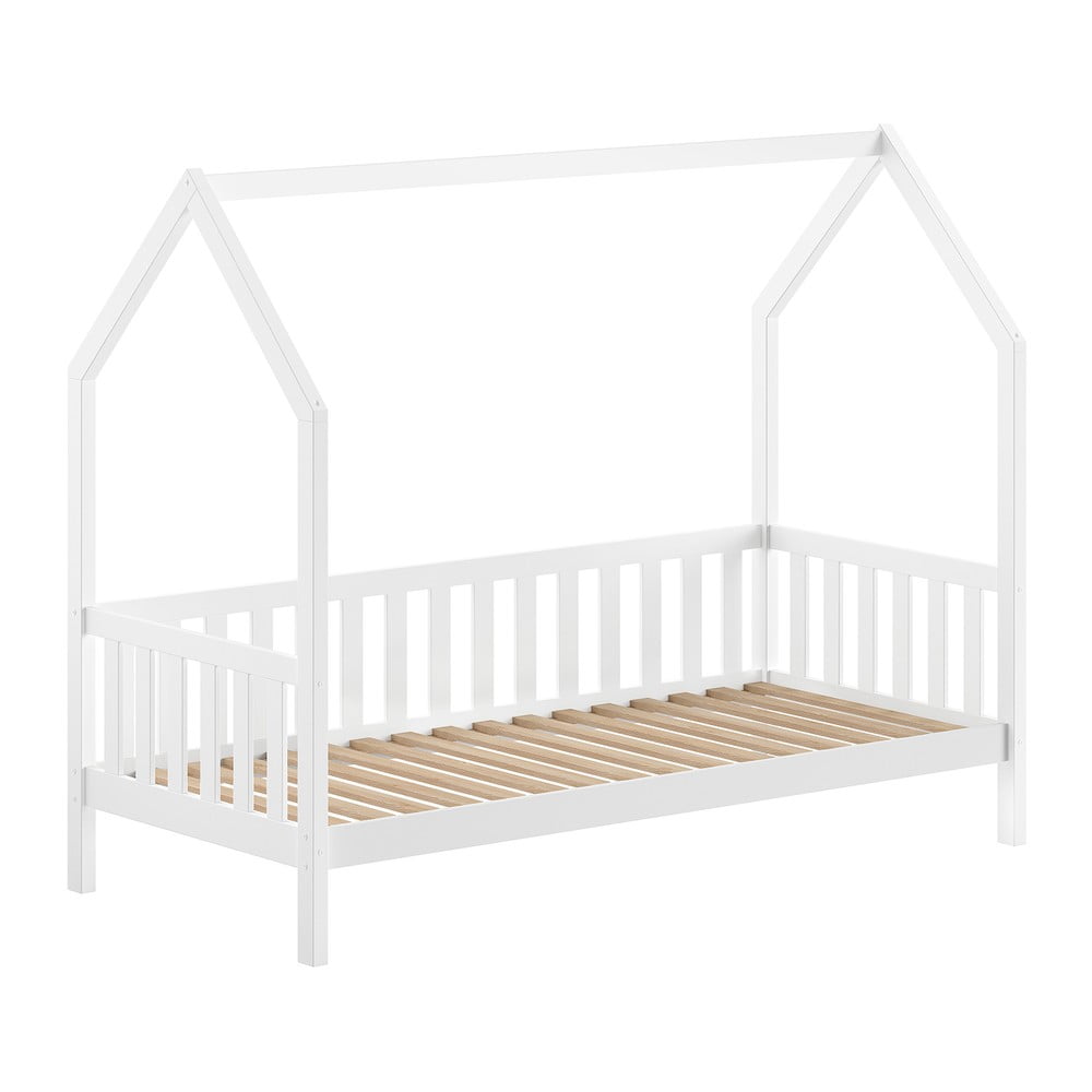 Białe łóżko dziecięce z litego drewna sosnowego w kształcie domku ze stelażem 90x200 cm Cabane – Vipack