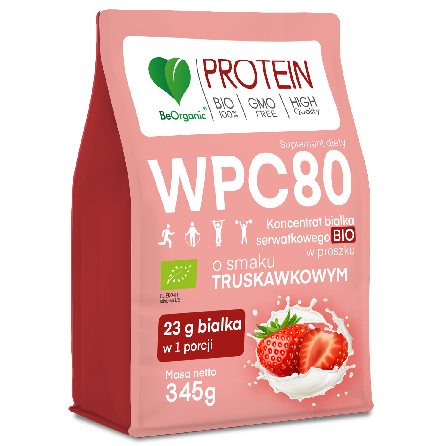 BeOrganic WPC 80, koncentrat białka serwatkowego Bio, smak truskawkowy, 345 g