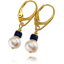 Prawdziwe Perły Lapis Lazuli Piękne Kolczyki Złote Srebro