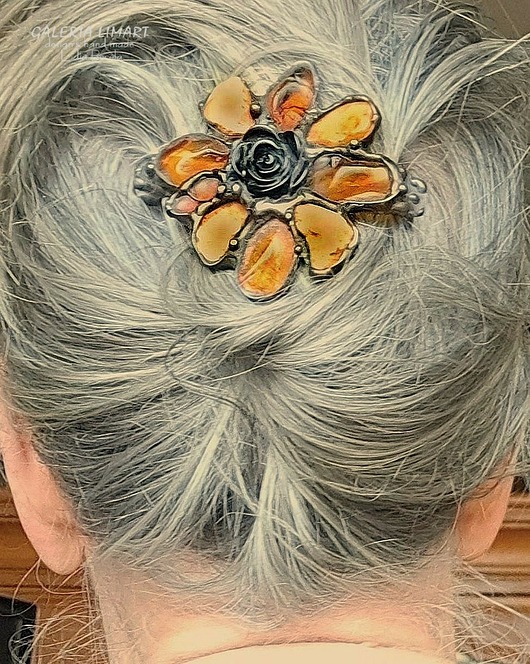 Spinka do włosów bursztynowy kwiat UNIKAT ręcznie robiony prezent lux