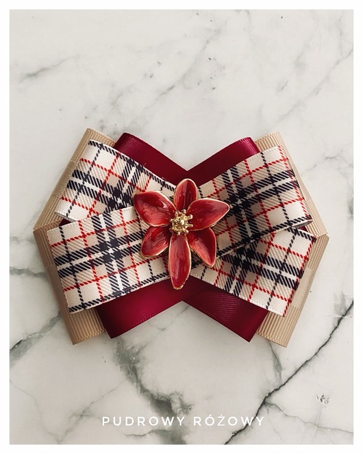 Brosza Burgund z beżem w kratę z kwiatem 3d NOWOŚĆ