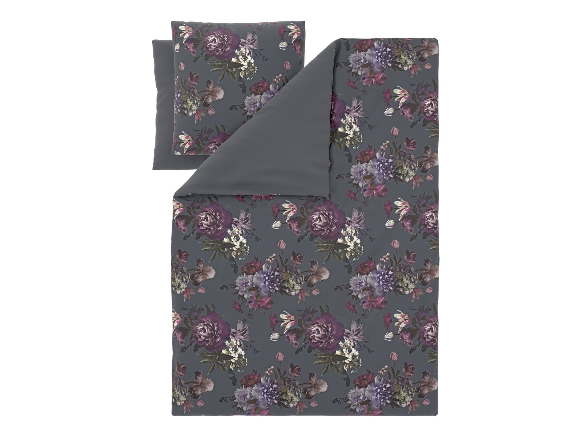 LIVARNO® Pościel dwustronna z mikrowłókna satynowowego, 160 x 200 cm (Szary w kwiaty)