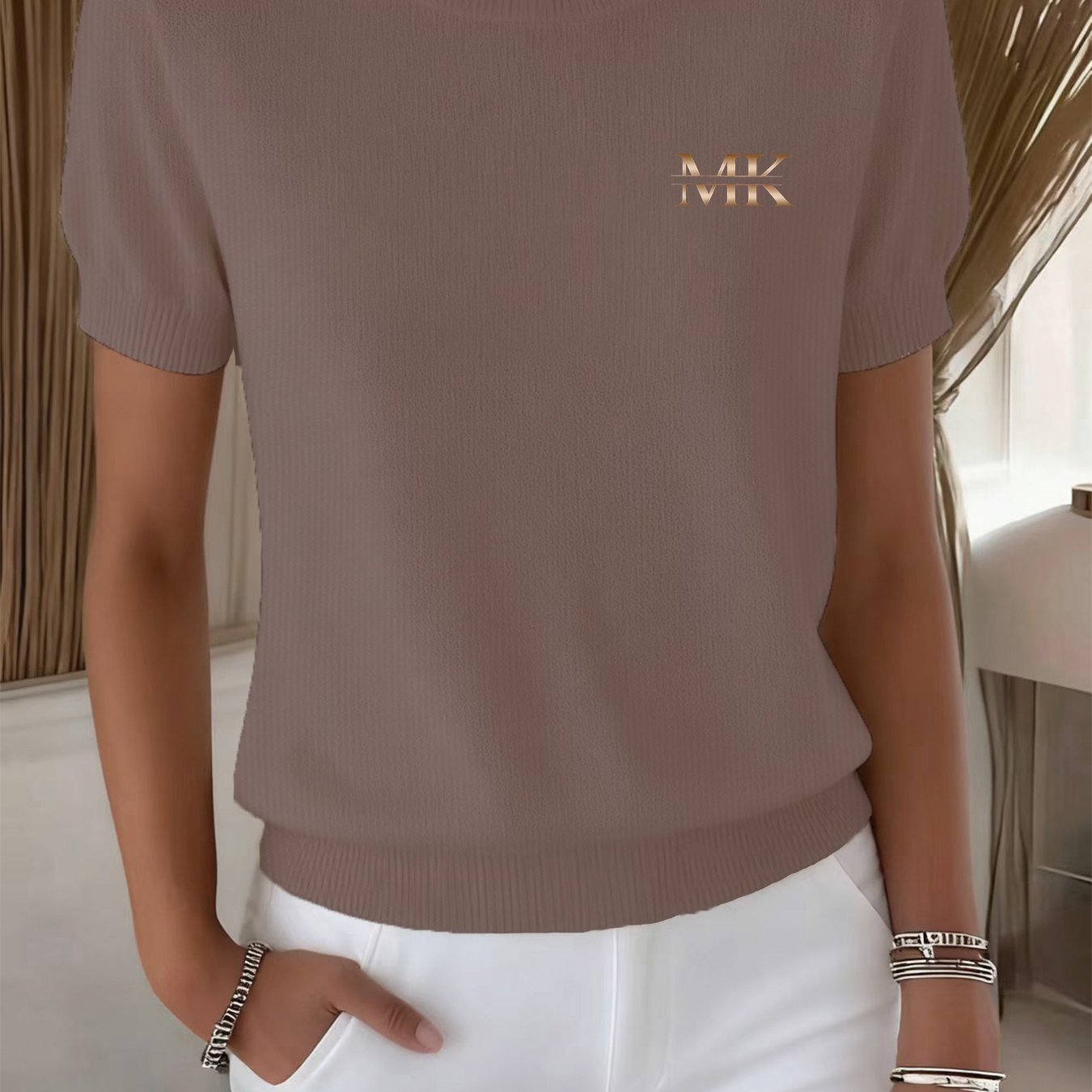 TEMU Damski sweter casualowy - Luźny sweter z krótkim rękawem i okrągłym dekoltem Wygodny, elastyczny, teksturowany, trwały materiał, modny top,