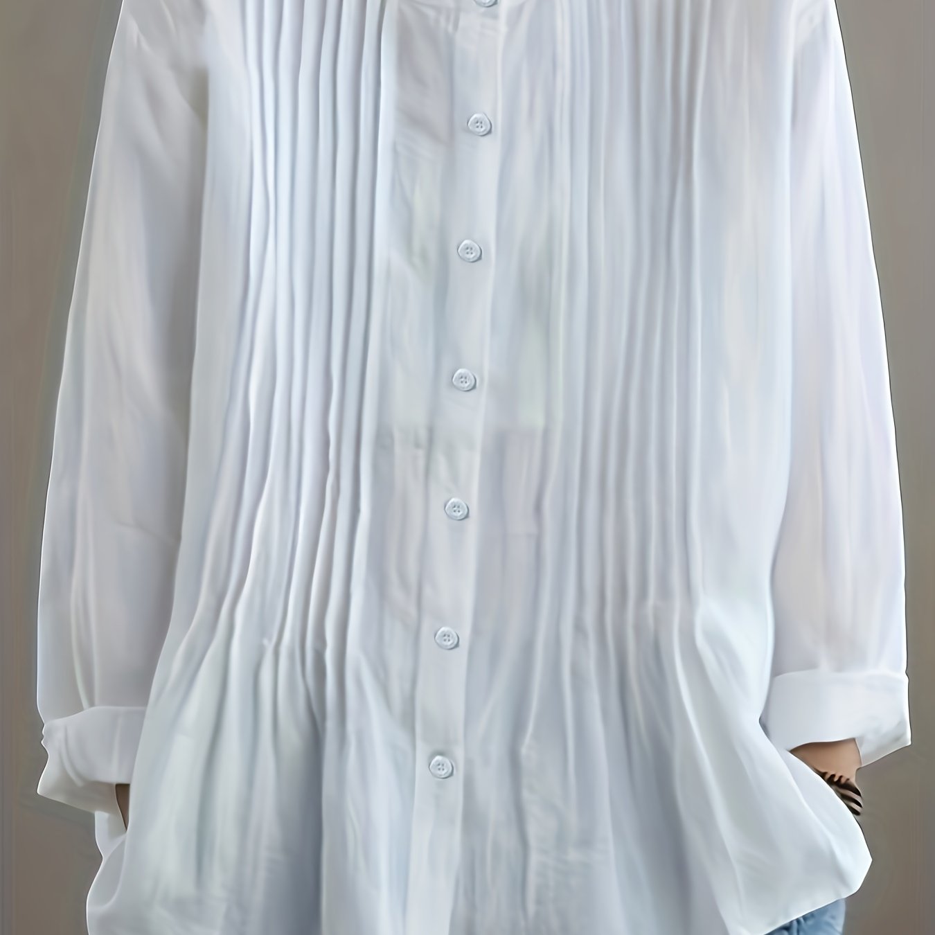 TEMU Kurtka lniana w stylu vintage Stójka, plisowany design, długi rękaw, jednolity , swobodny krój