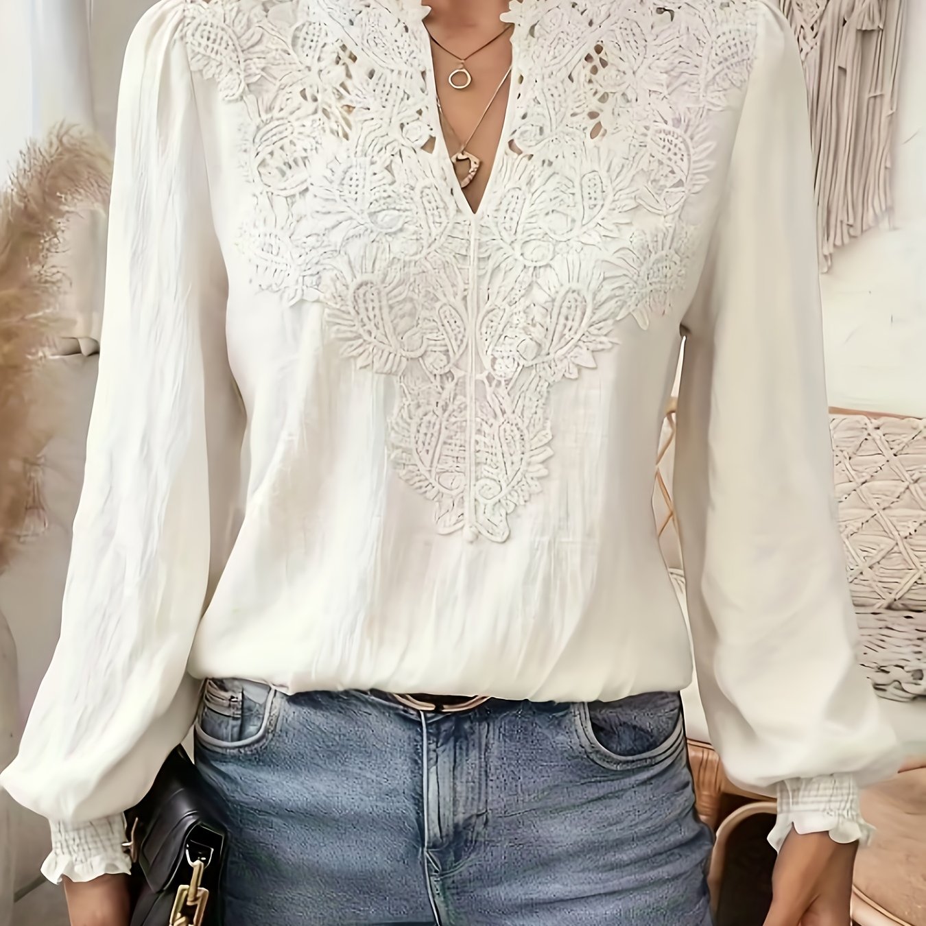TEMU Elegancka damska bluzka z koronką i dekoltem w serek z bufiastymi rękawami - codzienna koszula z długim rękawem, jednolity , regularny krój, na