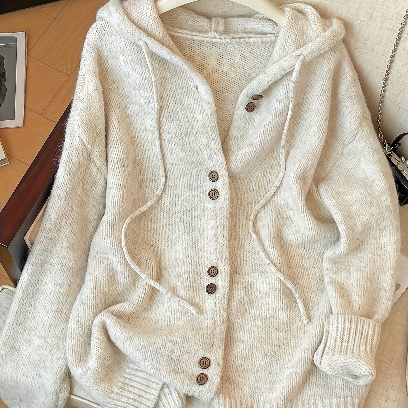 TEMU Elegancki Damski Sweter Kardigan z Kapturem w Stylu Koreańskim na Jesień-Zimę – Miękki, Minimalistyczny Płaszcz z Długim Rękawem i Zapięciem na