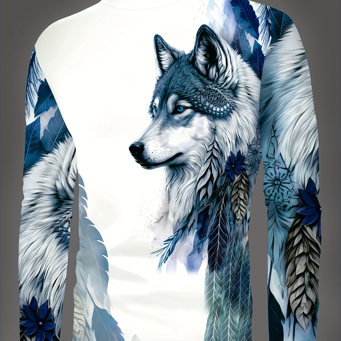 TEMU Męska Koszulka z Nadrukiem Wilka na Całej Powierzchni, Długi Rękaw, Okrągły Dekolt, Wygodna i Casualowa, Idealna na Jesień/Zimę, Na Wyjścia,