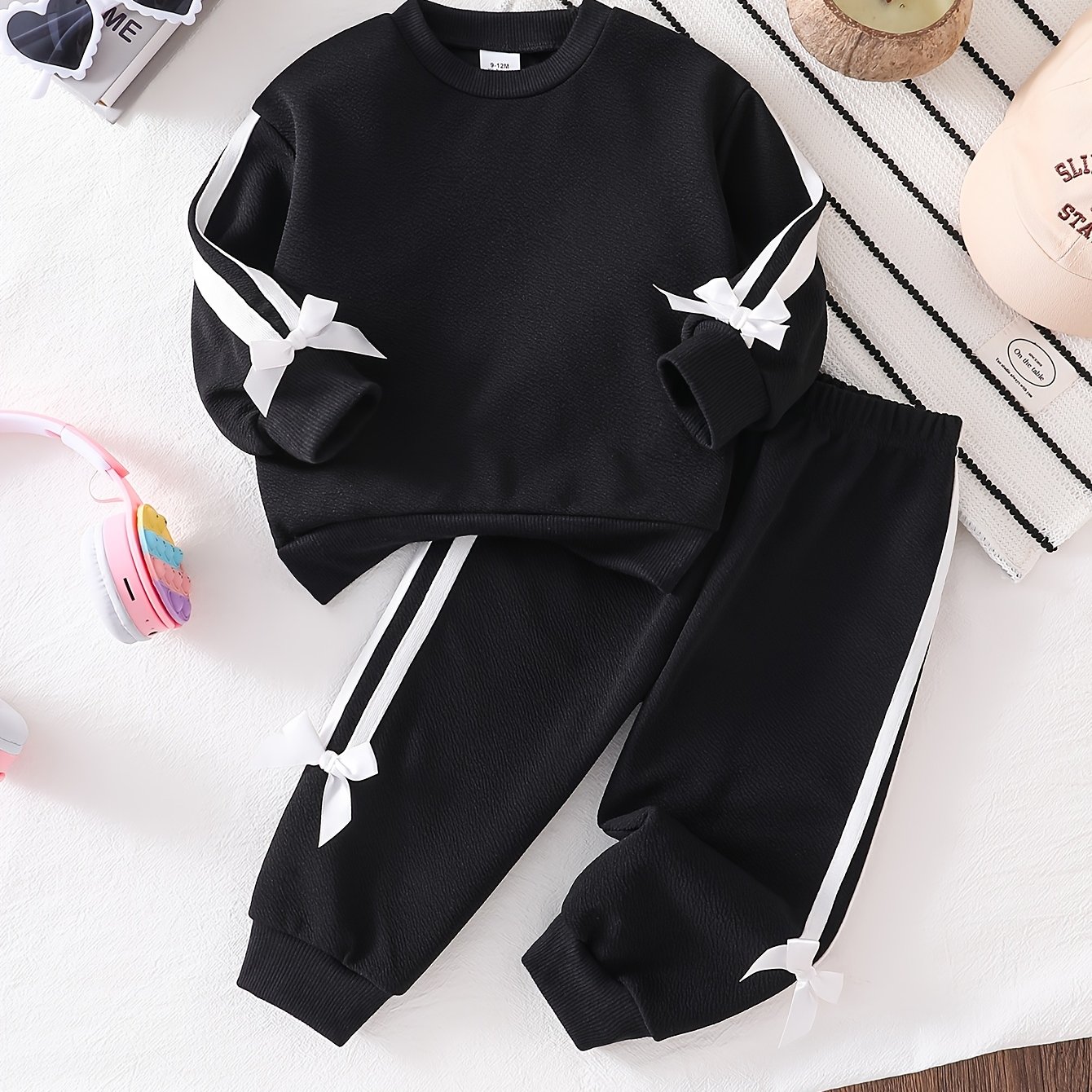TEMU Zestaw dla niemowląt 2 szt. Dziewczynka, casualowy zestaw z długim rękawem i długimi spodniami, czarna modna bluza z okrągłym dekoltem i kokardą