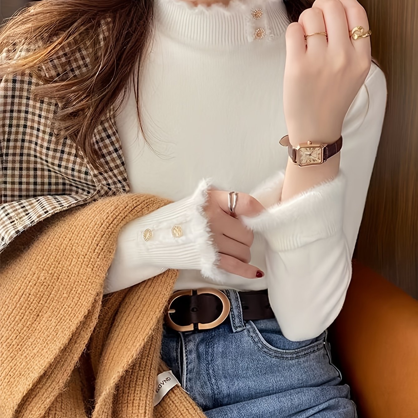 TEMU Damska bluzka w stylu francuskim z półtulą i wysokim kołnierzem – dopasowana sylwetka H-Line, zapięcie na guziki, zimowa bielizna termoaktywna,