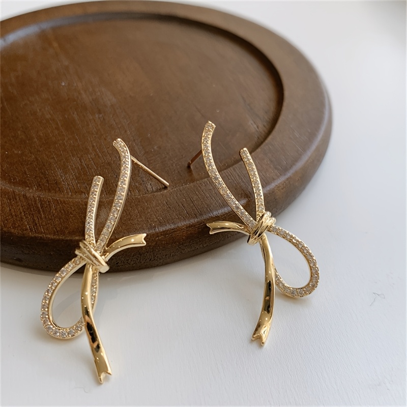 TEMU 1 Para Eleganckich Kolczyków Damskich z Kokardą i Syntetycznym Cyrkonem - Bez Niklu, Powłoka K na Miedzi, Kolczyki z Kokardą, Biżuteria na