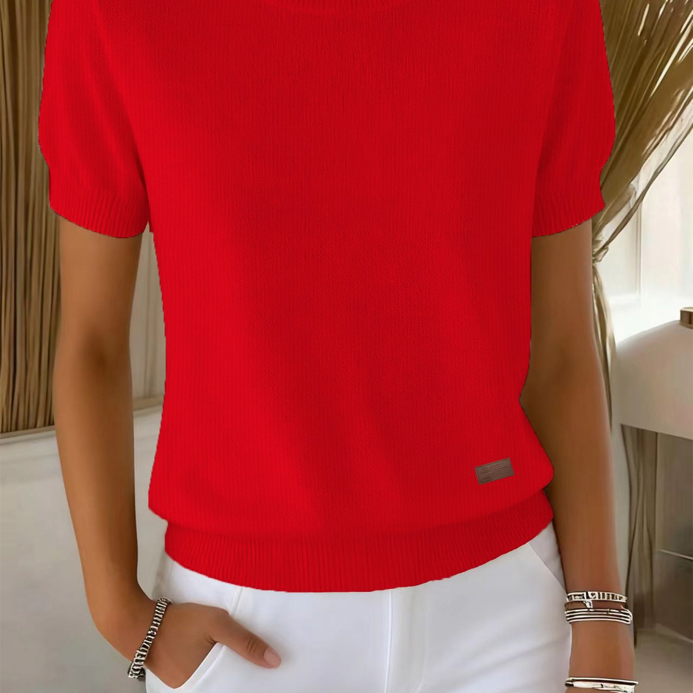 TEMU Damski sweter casualowy - Luźny sweter z krótkim rękawem i okrągłym dekoltem Wygodny, elastyczny materiał, teksturowany wzór, modny top na