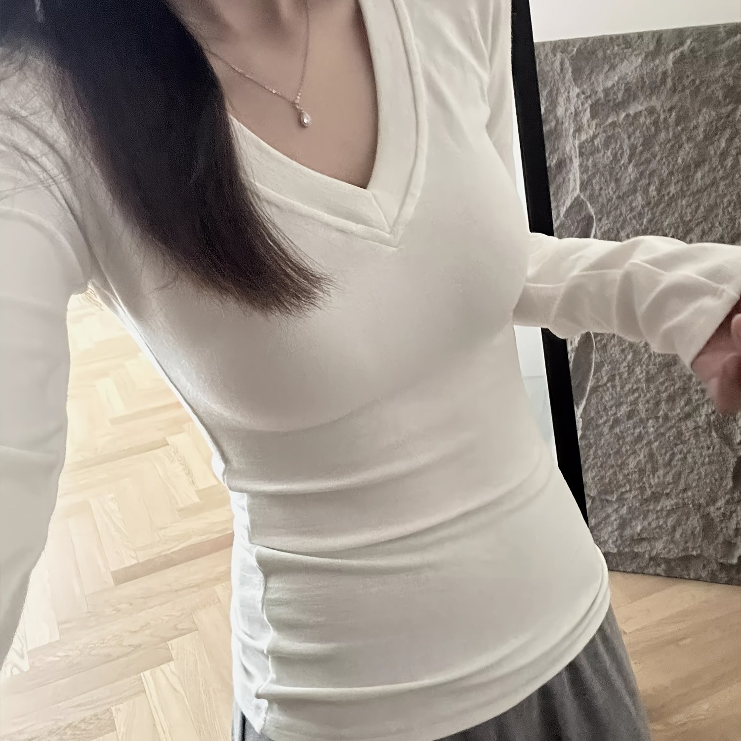 TEMU jesienno-jesienna bluzka damska z długim rękawem, w jednolitym kolorze, z dekoltem w serek, krótki top, dopasowany krój (slim fit), elastyczny