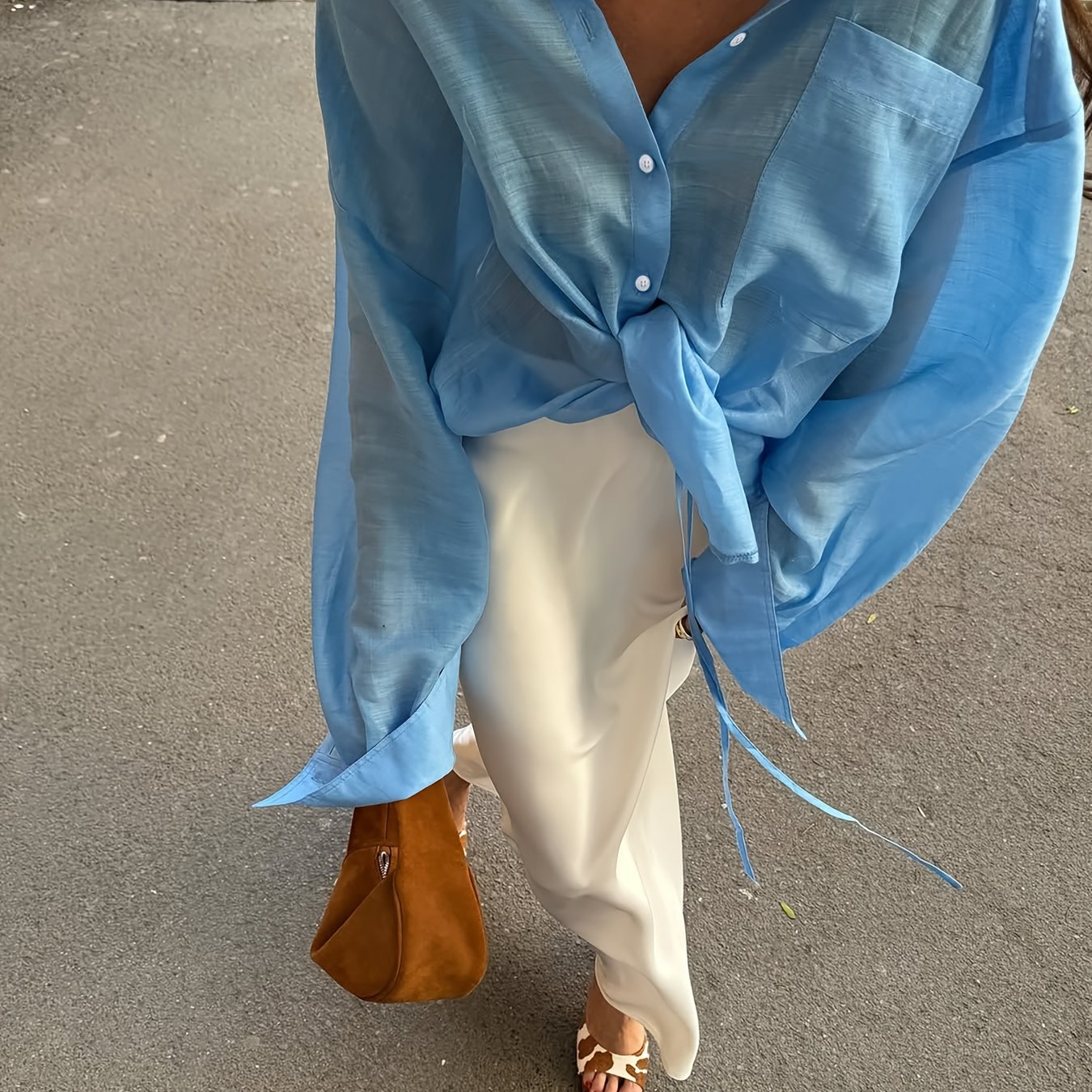 TEMU Jednokolorowa Koszula z Długim Rękawem i Kołnierzykiem, Modna Bluzka z Wiązaniami Boczne dla Kobiet