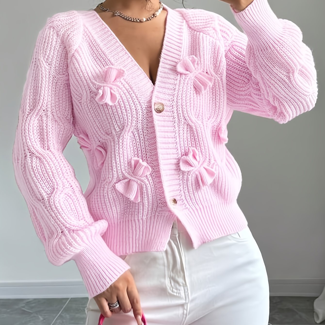 TEMU Miękki Kardigan z Długim Rękawem i Kokardą dla Kobiet