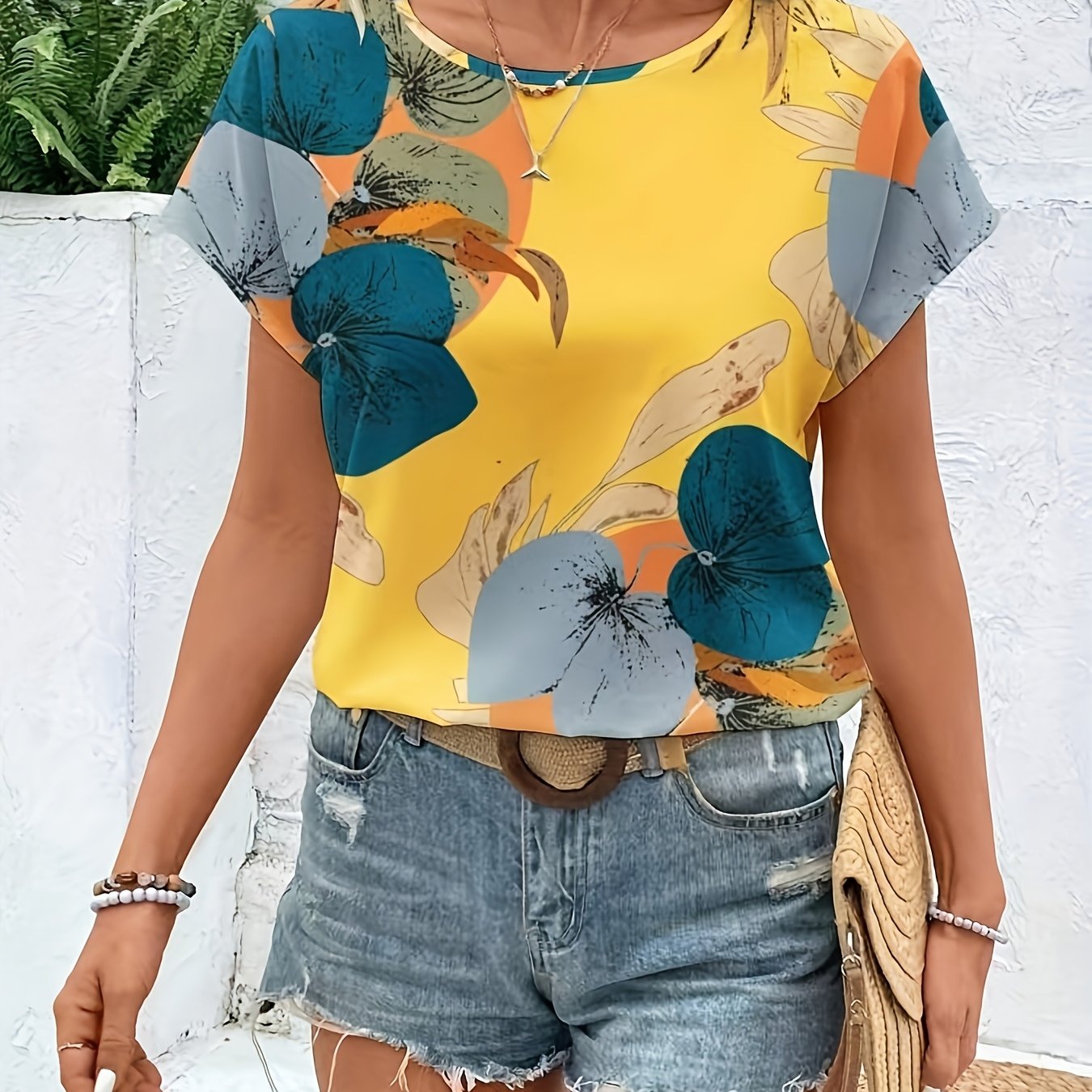 TEMU Yudomi Directional X66020 Damska Koszulka z Nadrukiem Róż, Casual, Vintage, Kwiatowy Wzór, Okrągły Dekolt, Krótki Rękaw