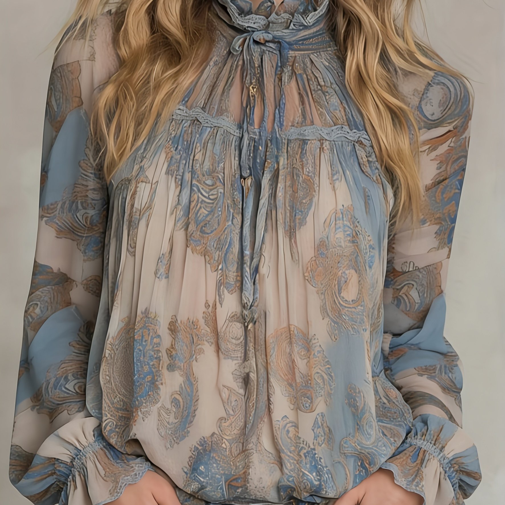 TEMU Modna koszula w stylu vintage z kwiatowym nadrukiem i falbanką przy kołnierzyku Półprzezroczysta, długi rękaw, kolekcja wiosna/