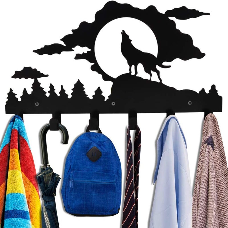 Wieszak ścienny na ubrania z 6 haczykami, metalowy wieszak ścienny dekoracyjny na ubrania, czapki, torby, klucze lub ręczniki (Lune Lupin)