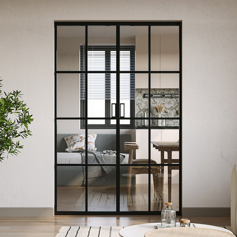 Drzwi przesuwne podwójne chowane w ścianie z aluminium i szkła hartowanego - 2 x wys. 205 x szer. 63 cm - WILDEN II