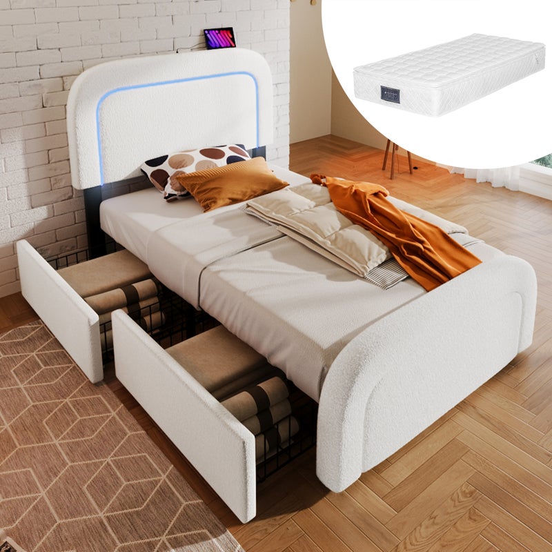Łóżko dla dorosłych 160 x 200 cm z 2 szufladami i regulowanym zagłówkiem - USB + Typ C - tkanina Sherpa - białe + materac