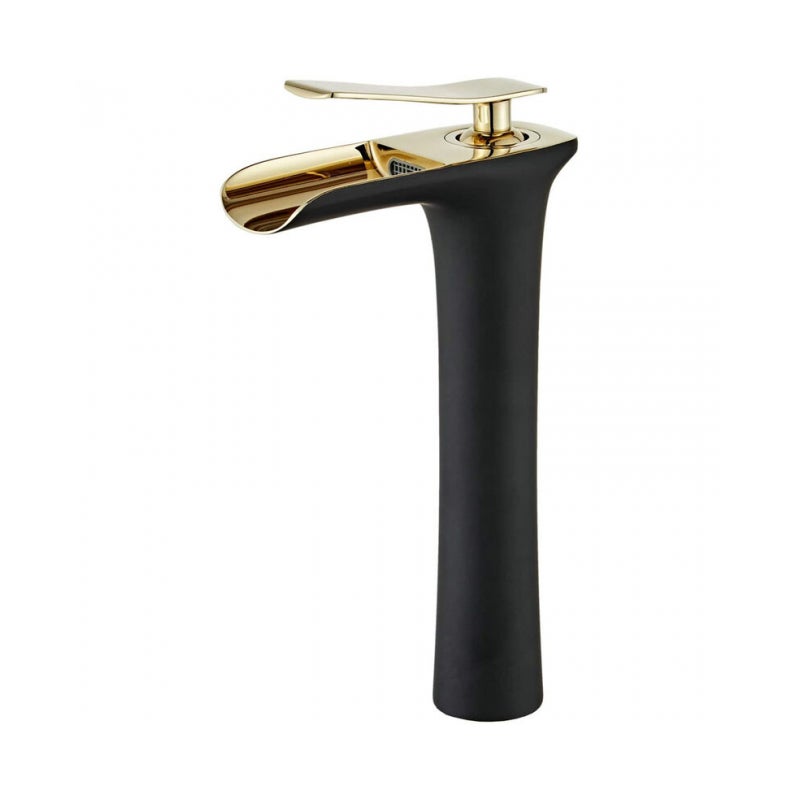 Nowoczesny czarno-złoty regulowany kran łazienkowy typu wodospad, jednouchwytowa bateria umywalkowa z ciepłą i zimną wodą