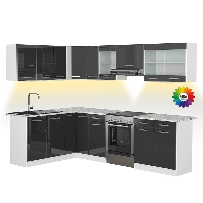 Vicco Kuchnia narożna Rick, Antracytowy wysoki połysk/biały, 270 x 60 cm , BP Marmur z taśmą LED
