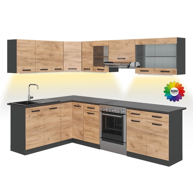 Vicco Kuchnia narożna Rick, Złoty dąb power/antracyt, 270 x 60 cm , BP Czarne wzorzyste z taśmą LED