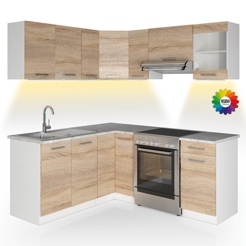 Vicco Kuchnia narożna Rick, Sonoma/Biały, 187 x 60 cm , BP Marmur z taśmą LED