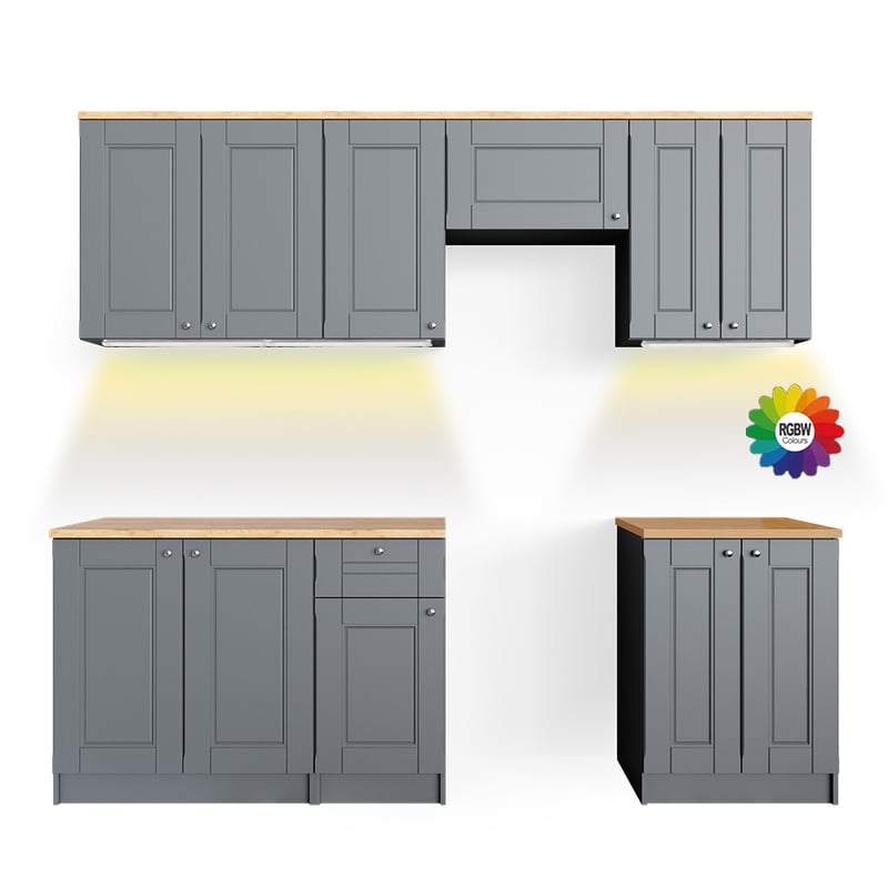 Vicco Zabudowa kuchenna Bergamo, Szlachetna szarość, 240 cm , BP Goldkraft z taśmą LED