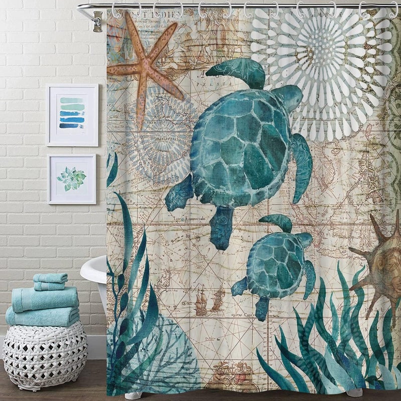 Zasłona prysznicowa z 12 haczykami, wodoodporna, szybkoschnąca, poliestrowa, łazienkowa, żółw (150x180cm)