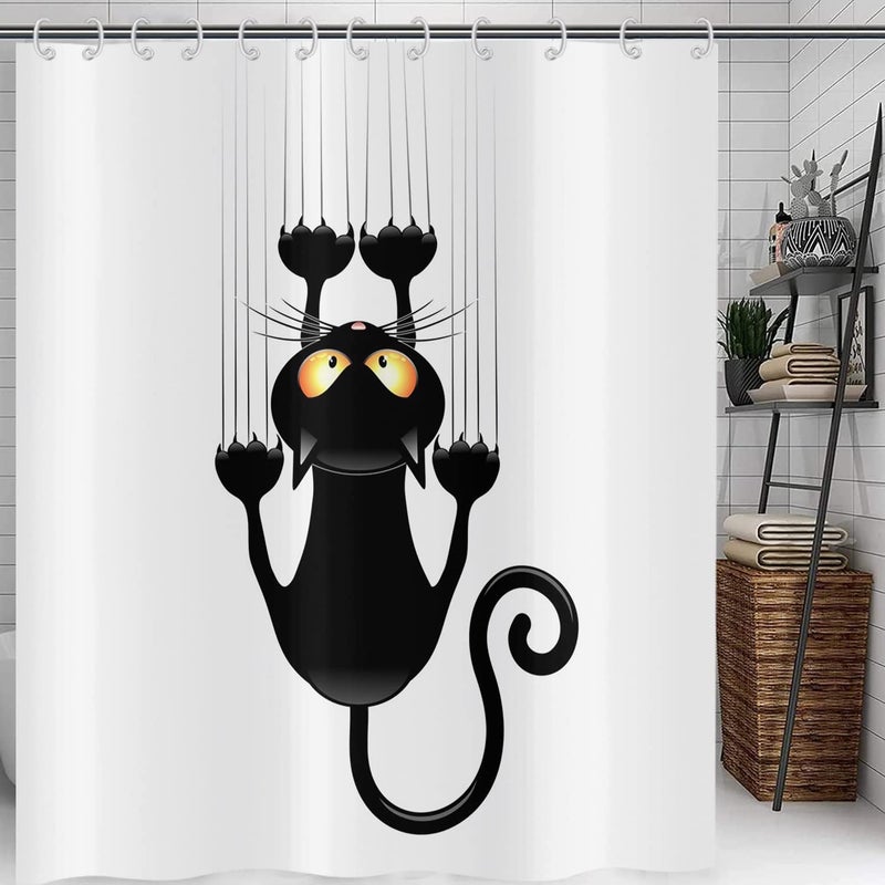 Czarna zasłona prysznicowa kot, zasłona prysznicowa kot, kociak, białe tło, zasłona prysznicowa do łazienki 150x180cm