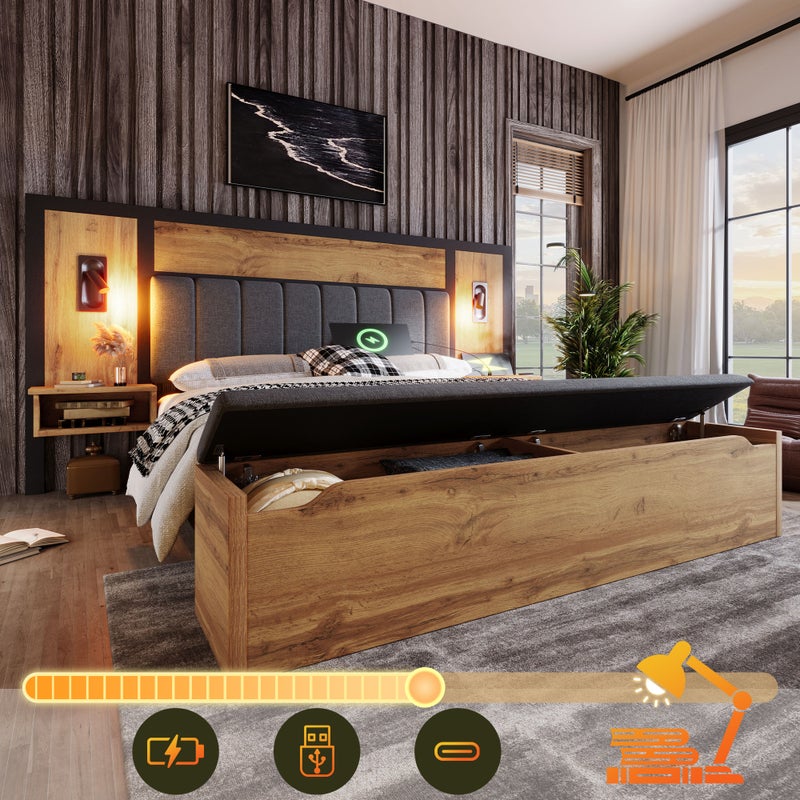 Łóżko 180 x 200 cm z ławą ze schowkiem i stolikami nocnymi - Lampka do czytania i gniazda USB + Type-C - Drewno MDF + len - Dąb (bez materaca)