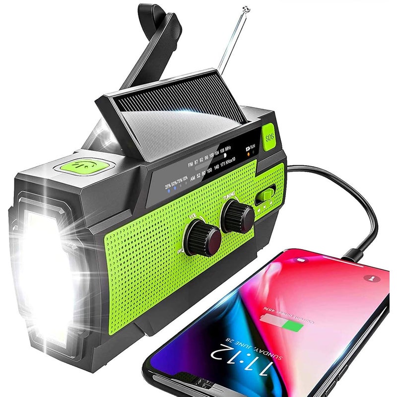 Przenośne radio AM/FM na energię słoneczną z akumulatorem 4000 mAh i zieloną latarką LED