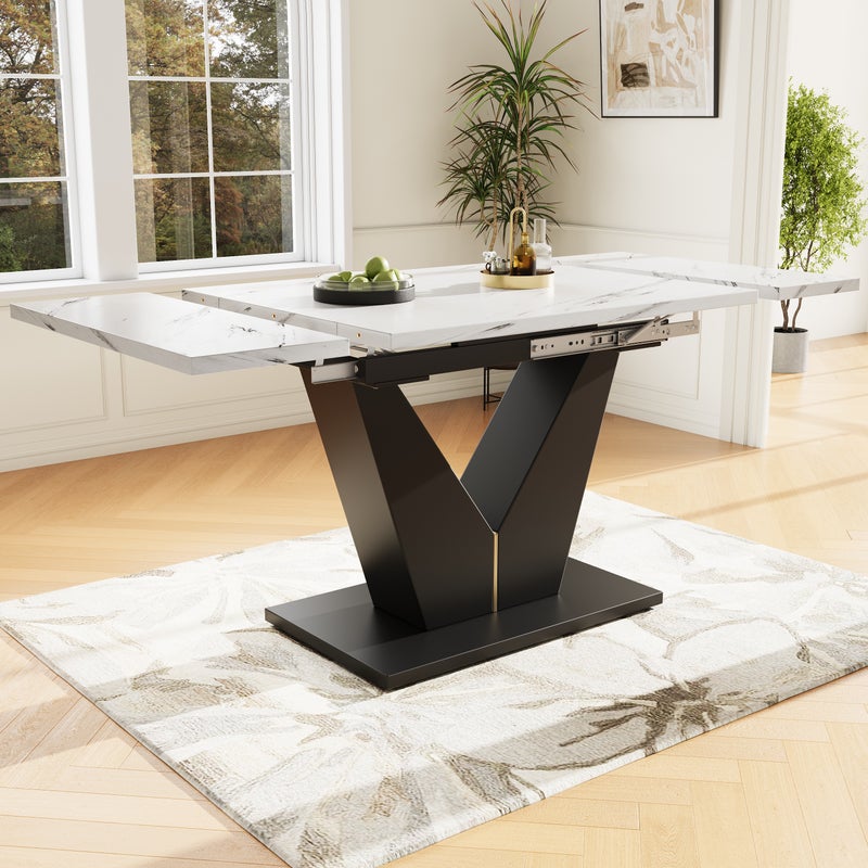 Rozkładany stół jadalny dla 4-6 osób - 99/159 x 75 x 75 cm - MDF + Nogi metalowe - Efekt marmuru - Biały + czarny