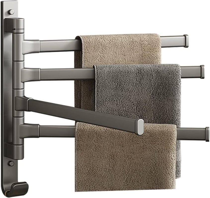 Wieszak ścienny na ręczniki obrotowy 180° z haczykiem, aluminiowy, szary (4 ramiona)