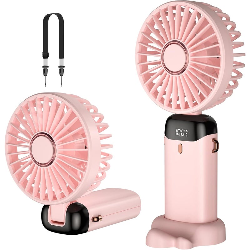 Przenośny wentylator, ładowany przez USB, 5 prędkości z podstawą, bateria 4200 mAh, składany, do biura i na zewnątrz (różowy)
