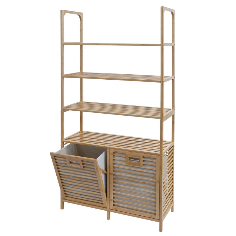 Szafka łazienkowa Bambus HWC-N83, półka łazienkowa, szafka łazienkowa, 2 kosze na bieliznę, 4 półki, certyfikat MVG, 168 x 81 x 33 cm