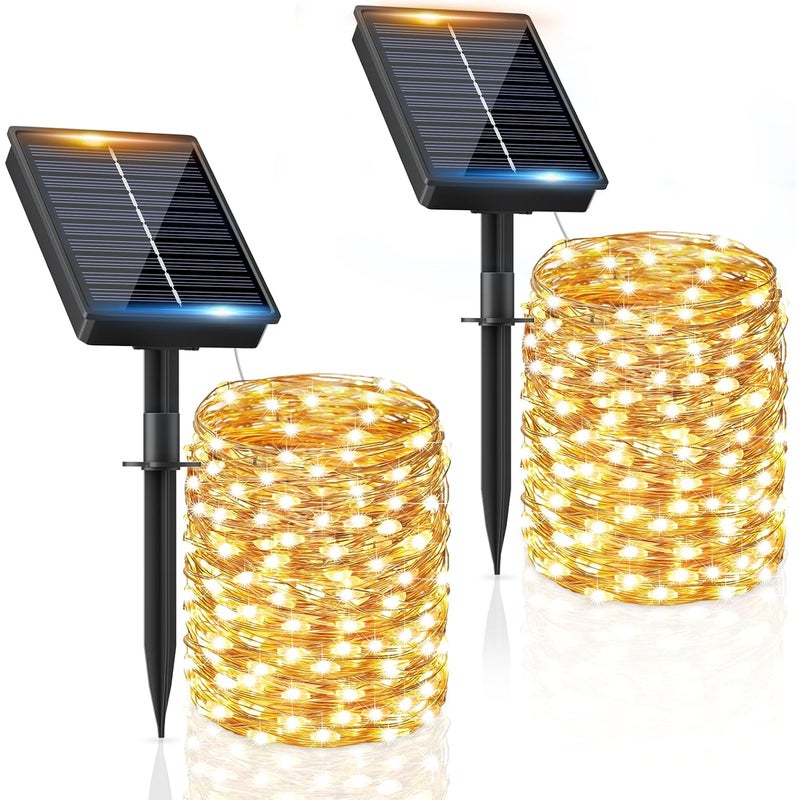 Lampy solarne na sznurku do użytku na zewnątrz, 3 x 5 m, 50 diod LED, wodoodporne, ciepłe białe światło, 8 trybów oświetlenia
